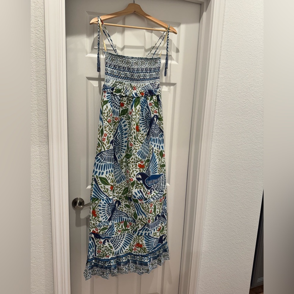 FARM Rio Blue and White Smocked Maxi Sundress
